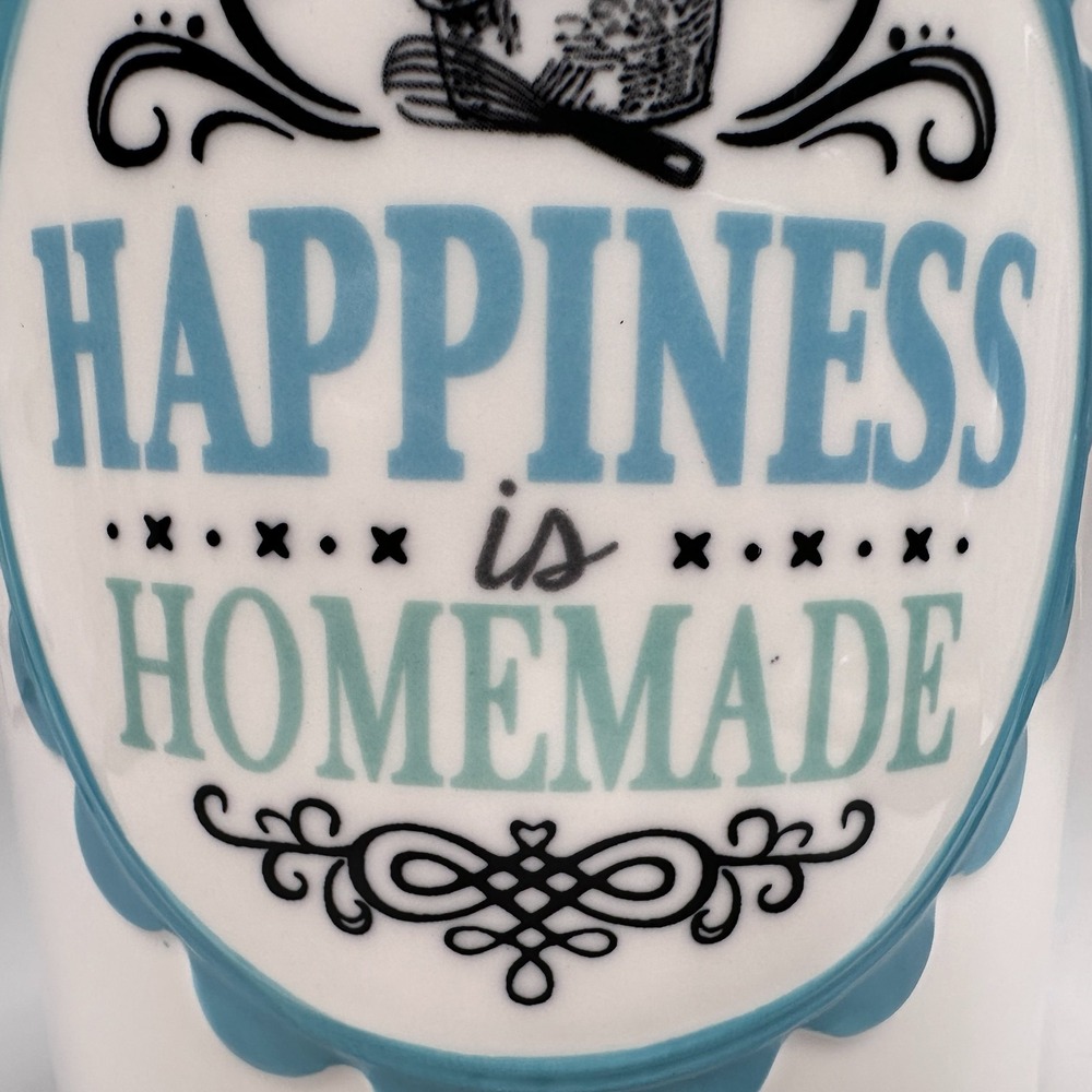 Cracker Barrel Cookie Jar 'Happiness is Homemade' Teal & White 8.5 x5.5" Baking - Picture 10 of 16